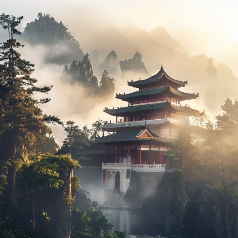 Temple buildings on a forested mountain in mist